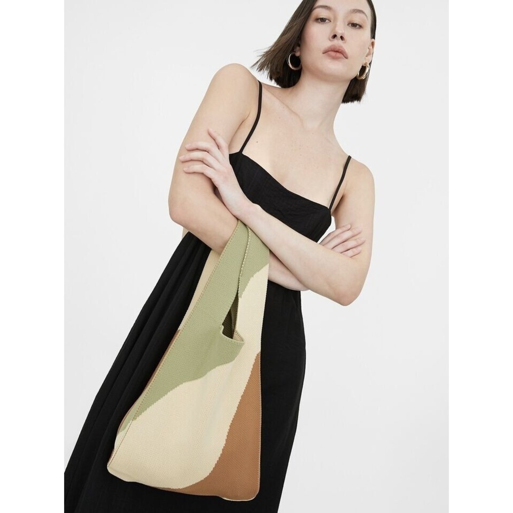 Buitollow Knit Tote Bag Colorblock Sage Green Tan Cream Eco Friendly Shopper NEW